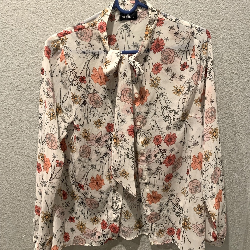 Women bow tie floral blouse